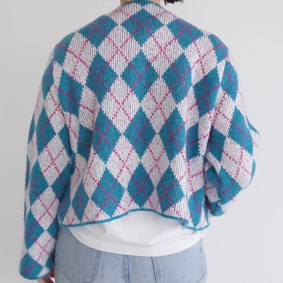 ZARA Argyle Knit Cardigan Teal Pink White Preppycore Soft Girl Y2K Aesthetic L - Picture 2 of 9